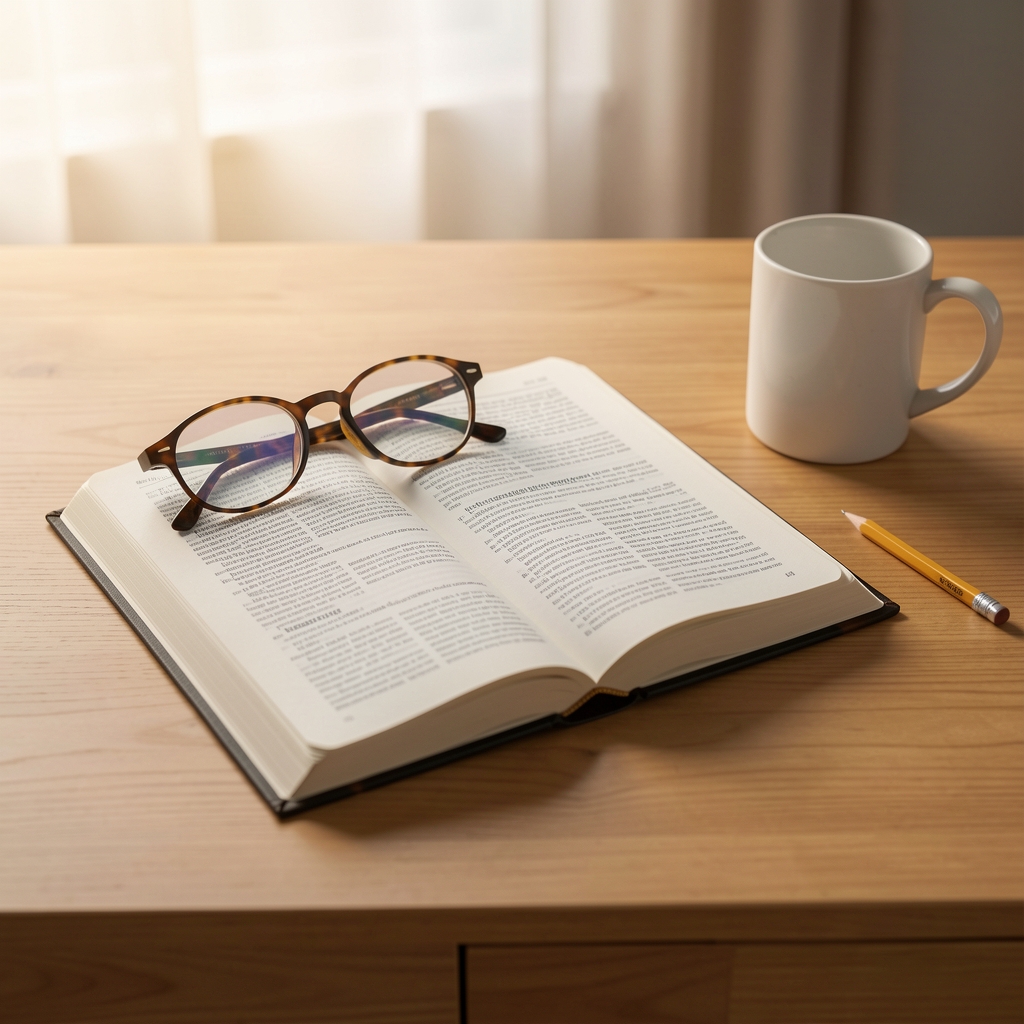 Open health journal beside reading glasses, a pencil and a mug on a softly lit wooden desk