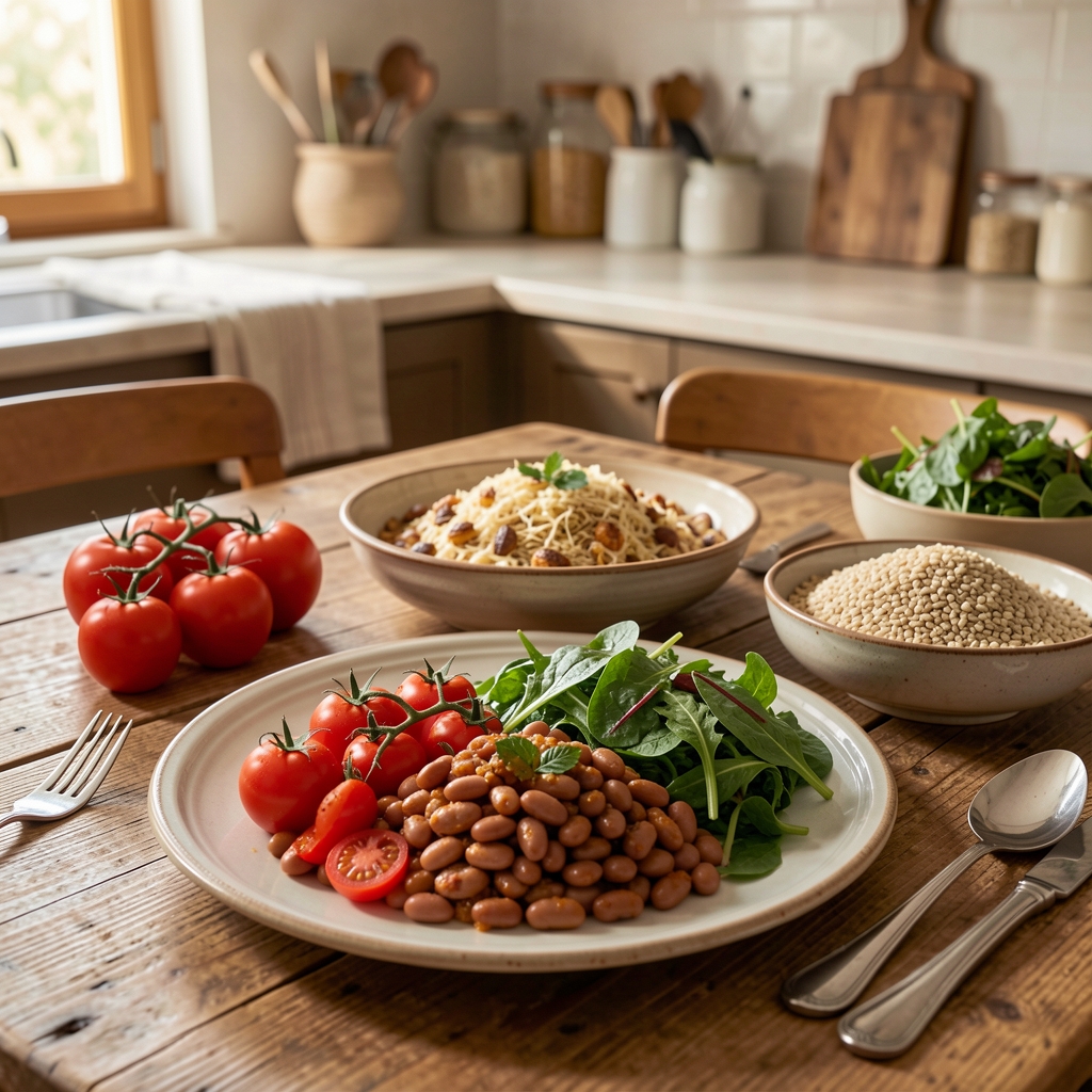 Mediterranean-style meal with tomatoes, beans, leafy greens and whole grains on a kitchen table