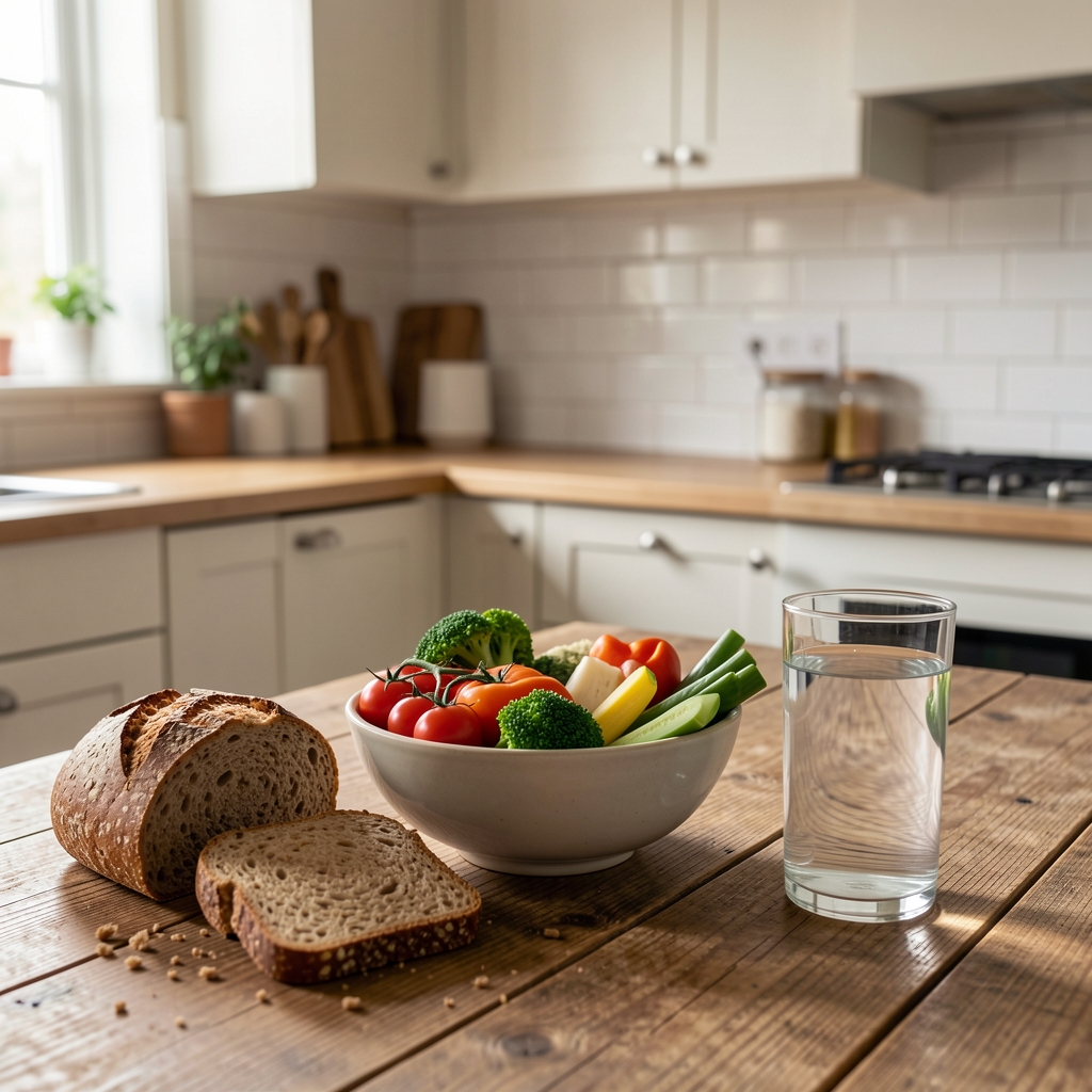 Bright Manchester kitchen with a bowl of vegetables, wholegrain bread and a glass of water on a wooden table