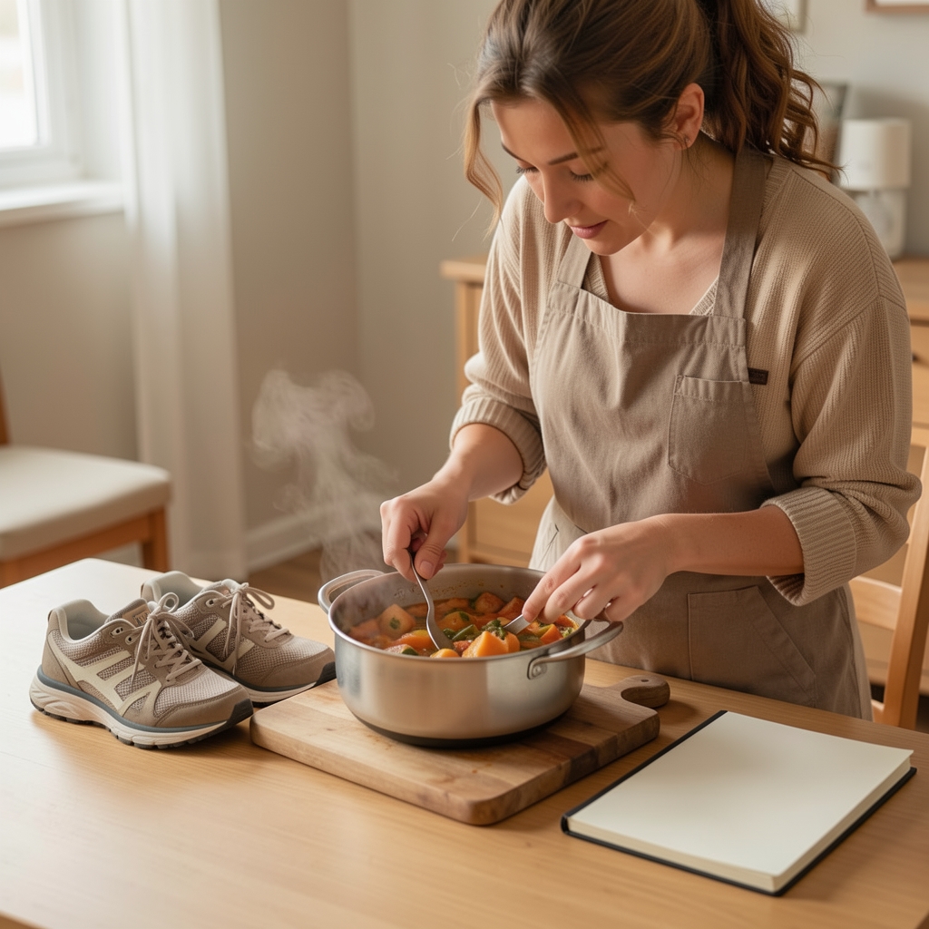 Person preparing a simple home-cooked meal beside walking shoes and a notebook in a softly lit room